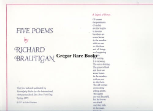 Item #20945 Five Poems: Broadside. Broadside Poems, Richard Brautigan.