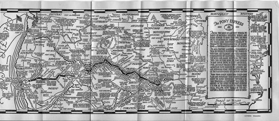 Item #24755 The Pony Express 1860-1861. Pony Express Map.