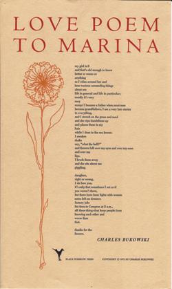Item #24803 Love Poem to Marina: Broadside Poem. Broadside Poem, Charles Bukowski