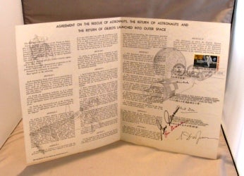 Item #25692 Agreement on the Rescue of Astronauts, the Return of Astronauts and the Return of Object Launched into Outer Space. A Facsimile Document. Astronaut Signed Document, Gene Cernan, Ron Evans.